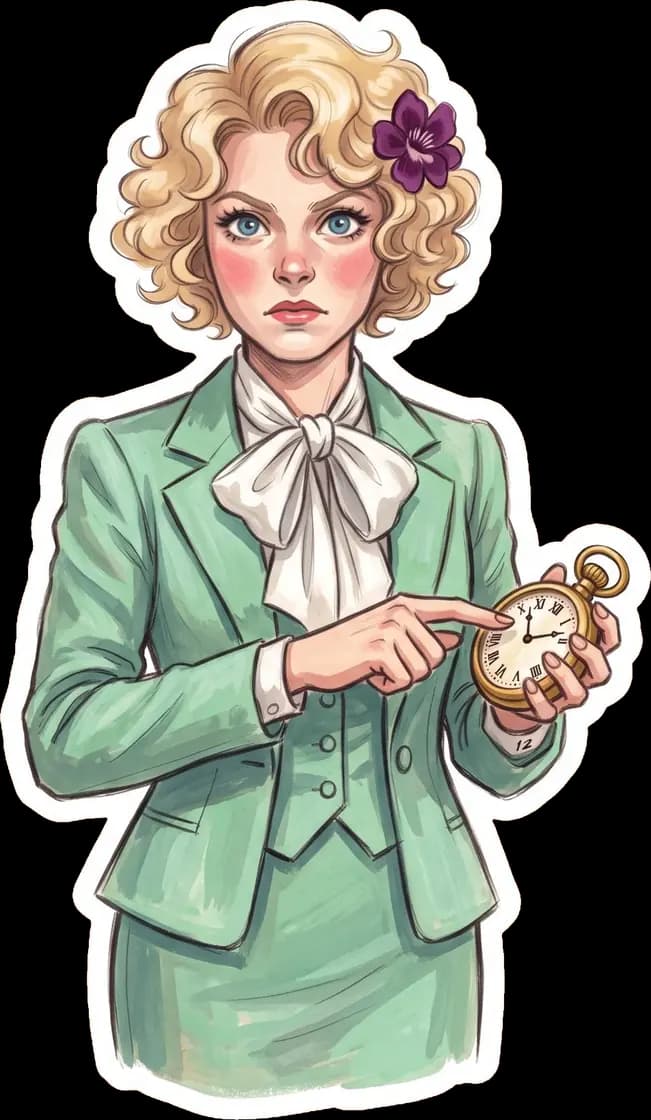 Effie checks her golden pocket watch to ensure that every Capitol event stays strictly on its rigid schedule.