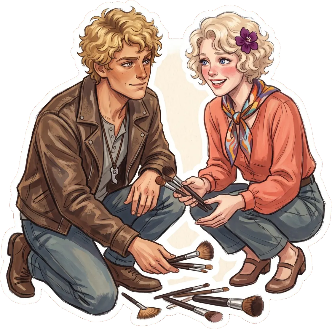 Makeup brushes lie scattered across the floor in a tense moment of vulnerability between Haymitch and Effie.