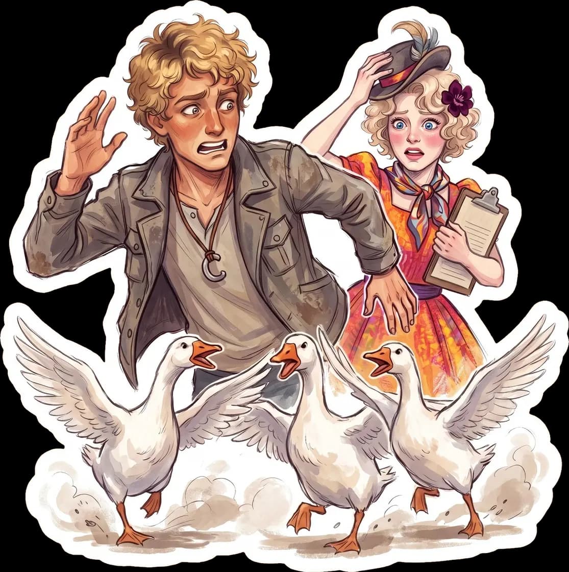 Haymitch and Effie run away in comical panic as an aggressive flock of geese chases them down.