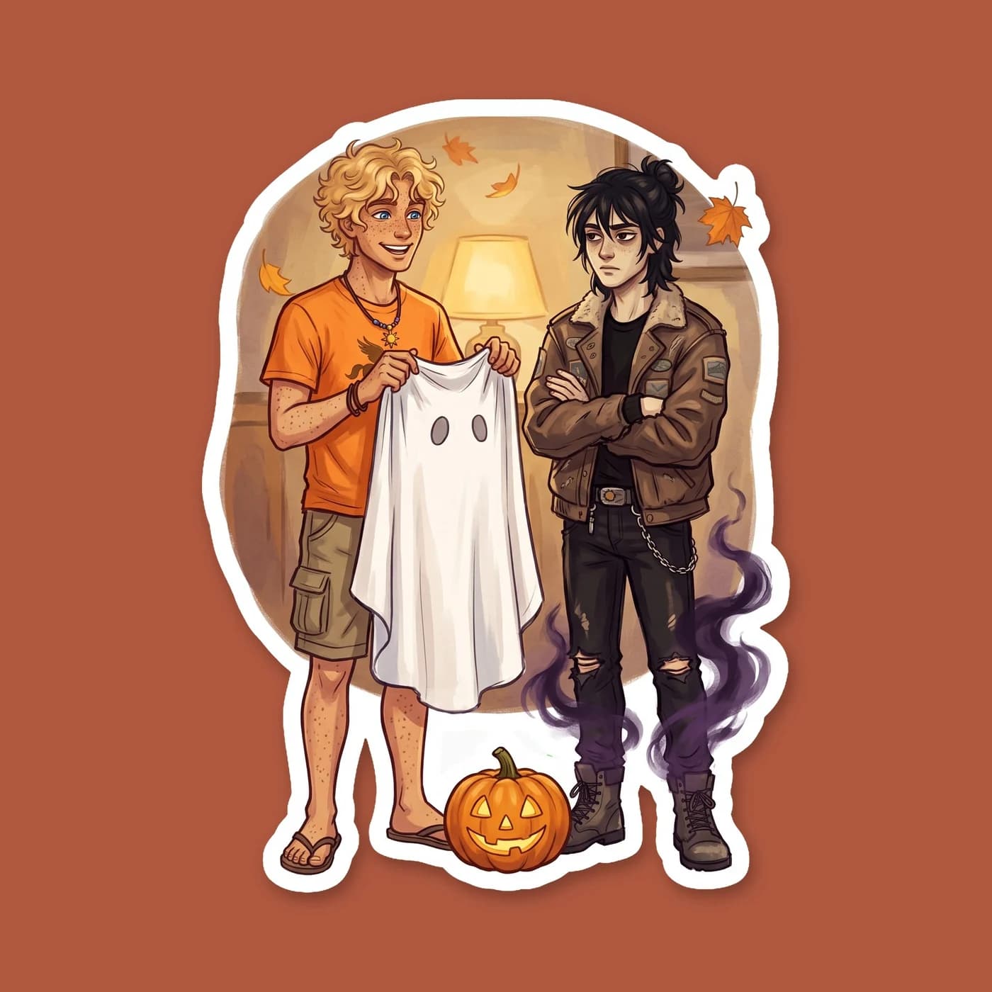 Nico stands in his usual dark clothes with a makeshift sheet ghost costume draped lazily over his head. The son of Hades is clearly unimpressed by the camp Halloween festivities, preferring to claim h, view 2