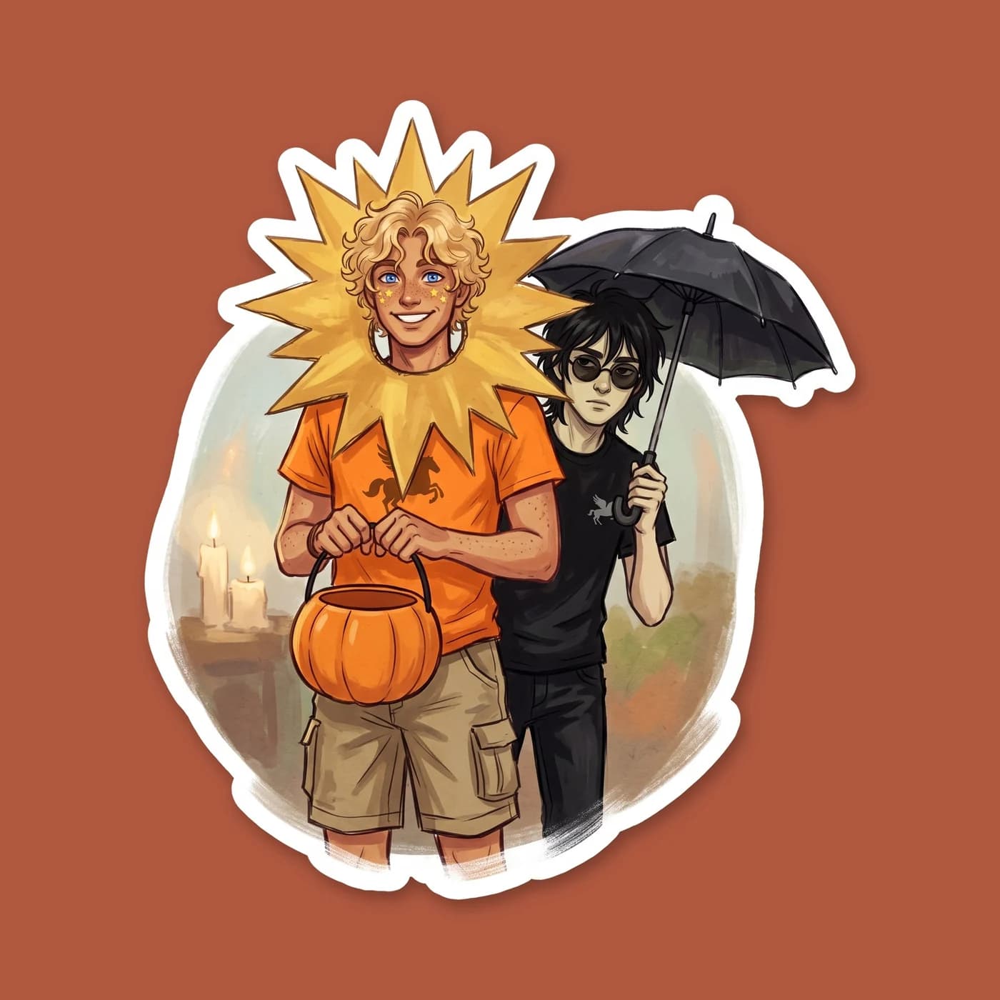 Will beams brightly in a bright yellow sun costume, bringing literal sunshine to the crisp autumn air at camp. He holds a carved pumpkin that seems to glow just a little brighter under his healing, wa, view 2