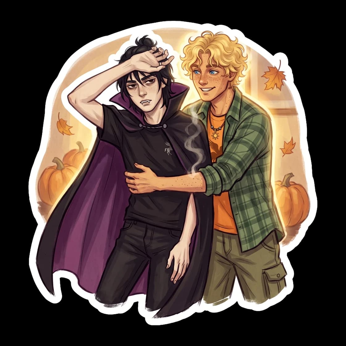 Nico leans into his spooky roots with full vampire regalia, including a dramatic cape and faux fangs. Will stands beside him wrapped in a bright, glowing sun outfit, creating the perfect contrast of d
