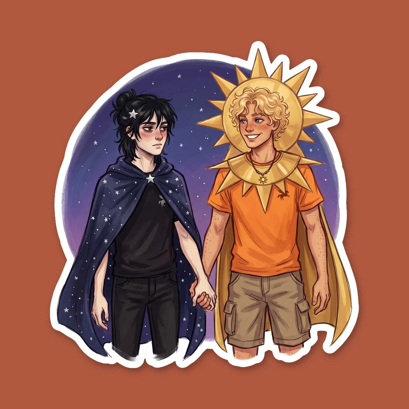 Will and Nico embrace in their matching celestial costumes, a playful nod to their journey through the depths of Tartarus. Will radiates gentle warmth in a golden sun tunic, while Nico wears a midnigh, view 2