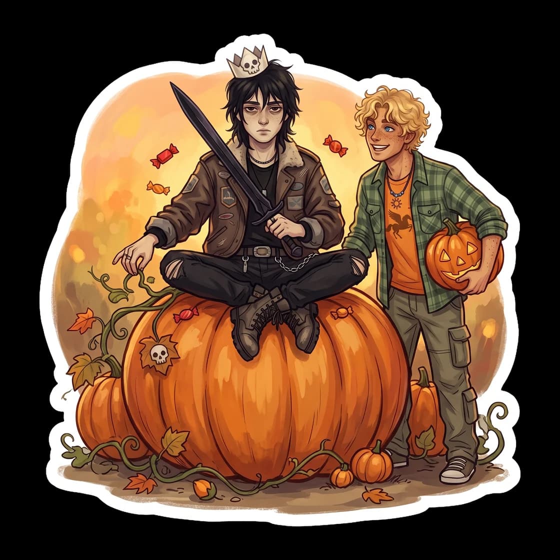 Nico sits comfortably on an armchair summoned entirely from skeletal remains, placed right in the middle of the camp pumpkin patch. A few carved jack-o-lanterns rest at his feet as he sips a warm cup