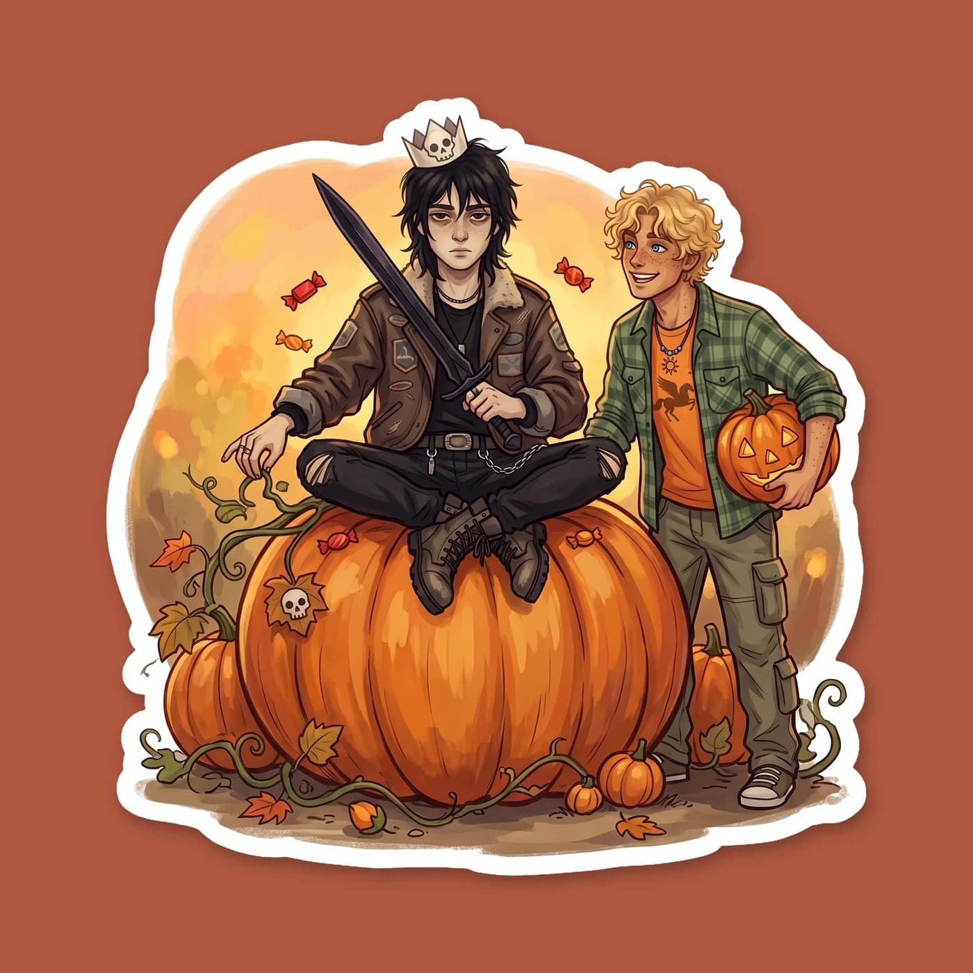 Nico sits comfortably on an armchair summoned entirely from skeletal remains, placed right in the middle of the camp pumpkin patch. A few carved jack-o-lanterns rest at his feet as he sips a warm cup , view 2