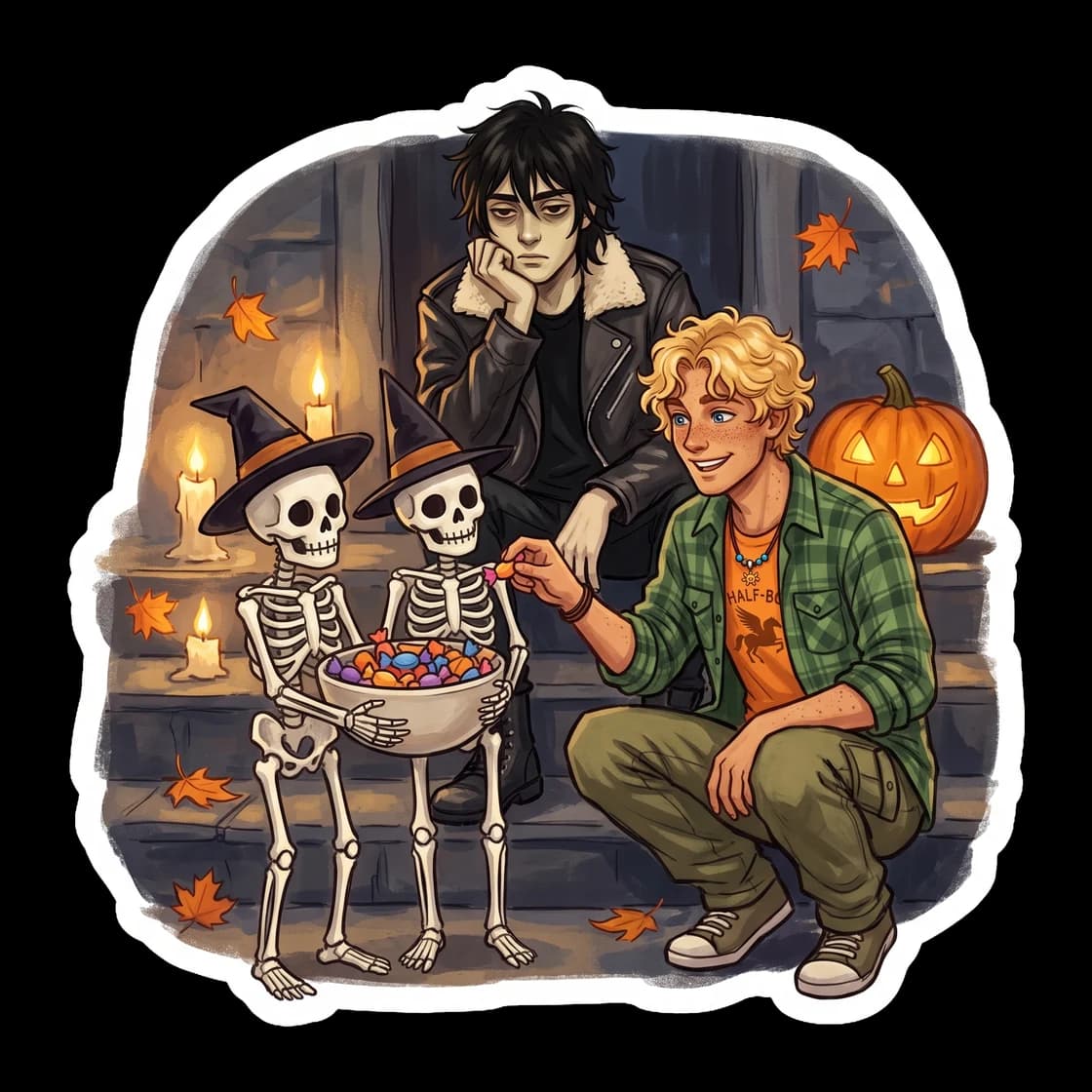 A small squad of undead skeletal warriors dutifully carries plastic orange pumpkins overflowing with candy. Nico directs his bony helpers with a lazy point of his finger, having found the most efficie