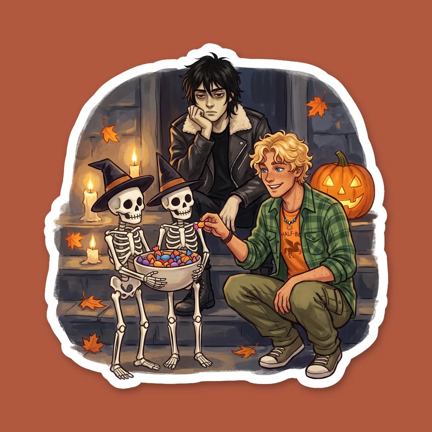 A small squad of undead skeletal warriors dutifully carries plastic orange pumpkins overflowing with candy. Nico directs his bony helpers with a lazy point of his finger, having found the most efficie, view 2
