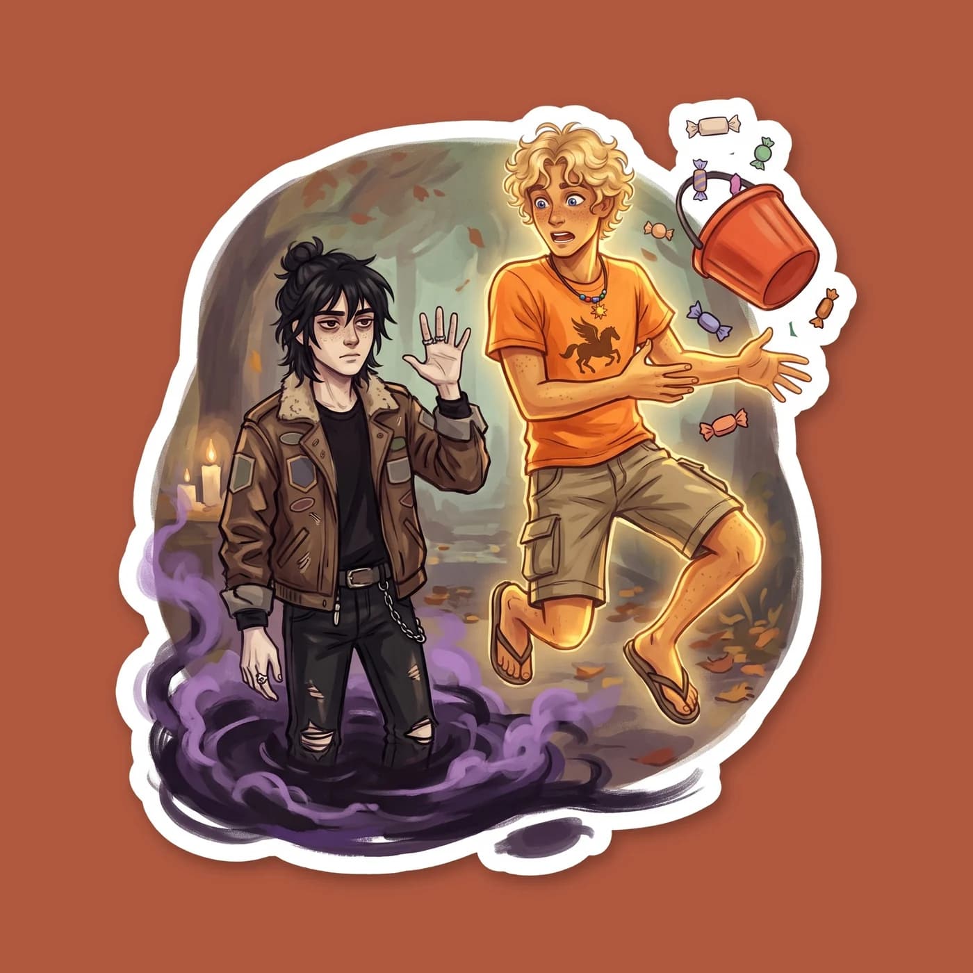 Nico steps out of a dark, swirling mass of shadows right behind an unsuspecting camper, delivering a perfectly timed Halloween scare. He flashes a rare, mischievous grin, proving that being a child of, view 2