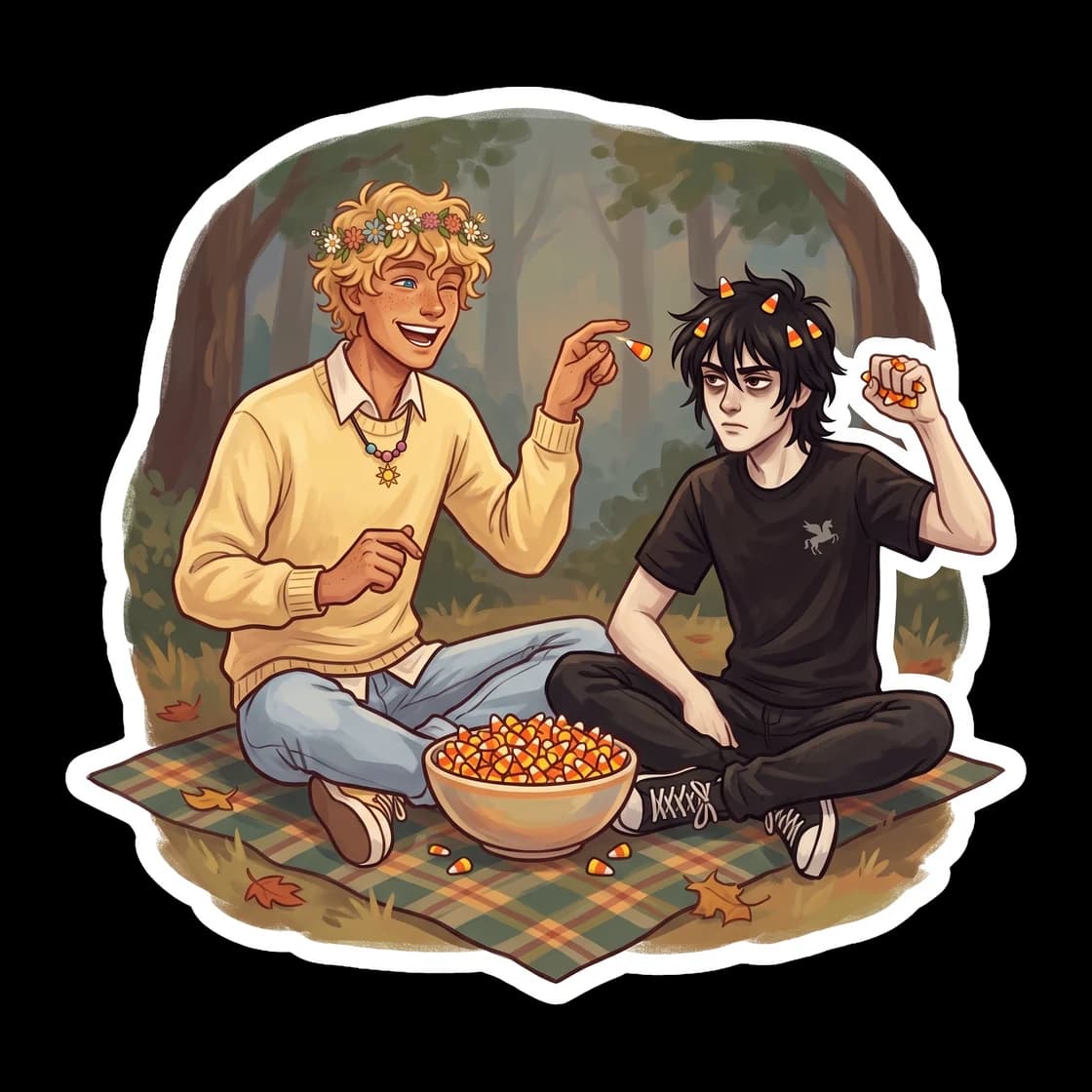 Will looks deeply offended as he defends a handful of sugary candy corn, while Nico stares back with utter disgust at the yellow and orange treats. Their playful bickering is the highlight of the even