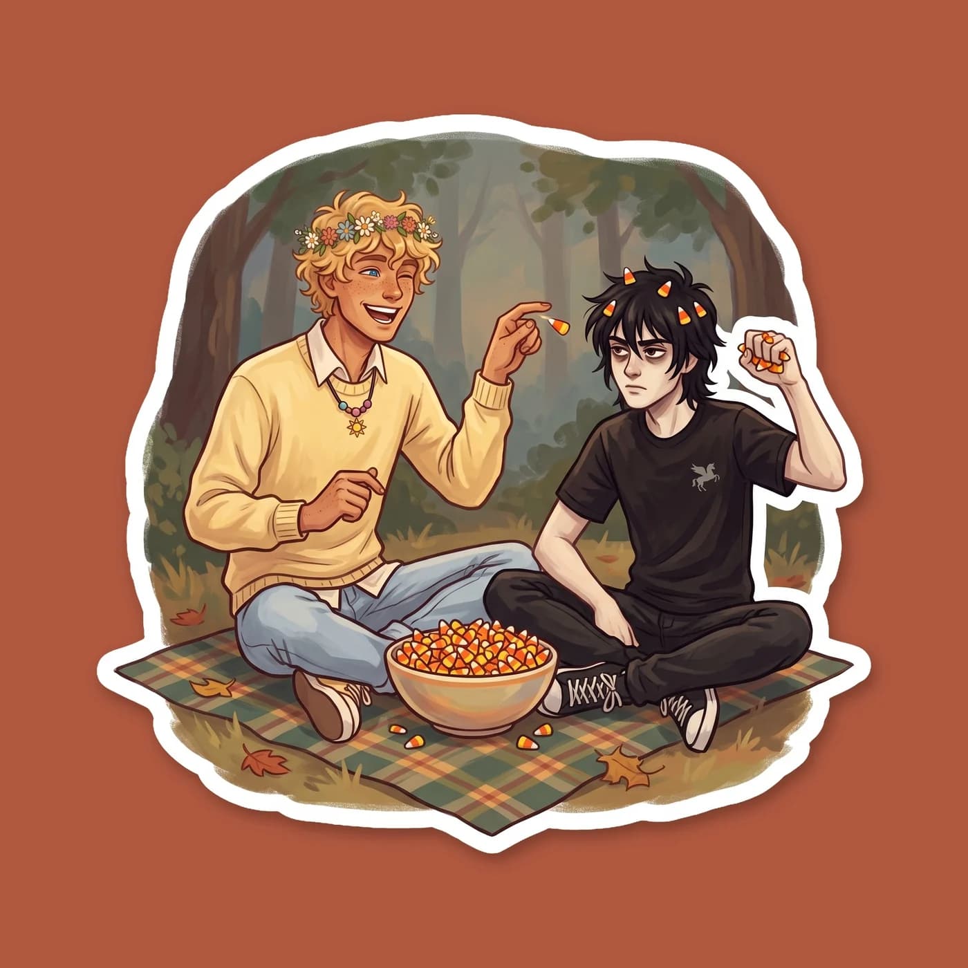 Will looks deeply offended as he defends a handful of sugary candy corn, while Nico stares back with utter disgust at the yellow and orange treats. Their playful bickering is the highlight of the even, view 2
