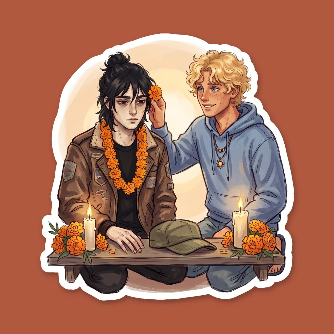 Nico kneels quietly in a patch of vibrant orange marigolds, carefully weaving a small floral crown to remember his sister. The soft, warm light of autumn casts a gentle glow on his face, highlighting , view 2