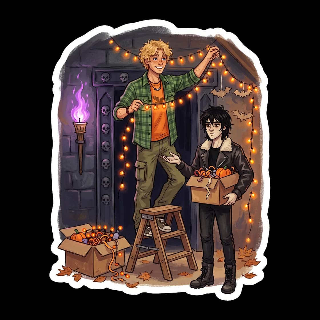 Will climbs a wobbly step stool to string cobwebs and orange lights across the obsidian pillars of cabin thirteen. Nico watches from the doorway with his arms crossed, secretly enjoying the effort his