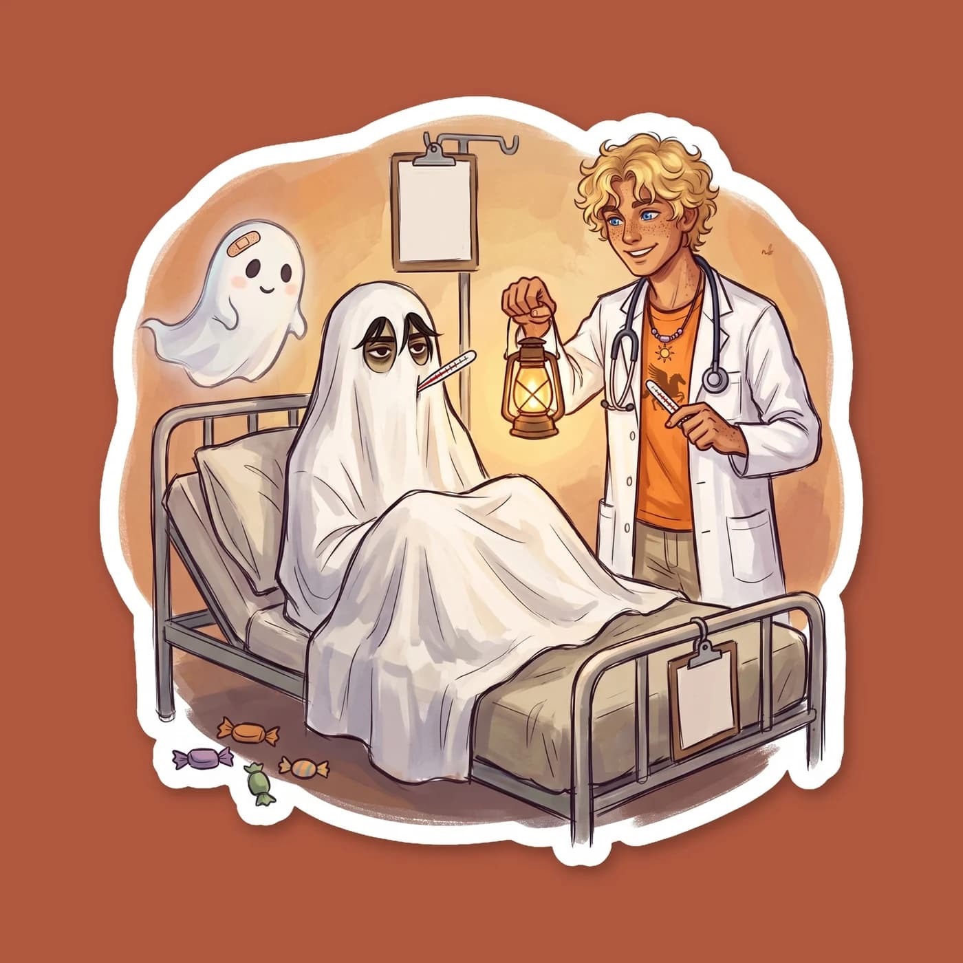 Will wears his standard medic scrubs, looking thoroughly exhausted as a few fake bats and hanging ghosts dangle from the ceiling of the camp infirmary. Even on Halloween, the dedicated healer is hard , view 2