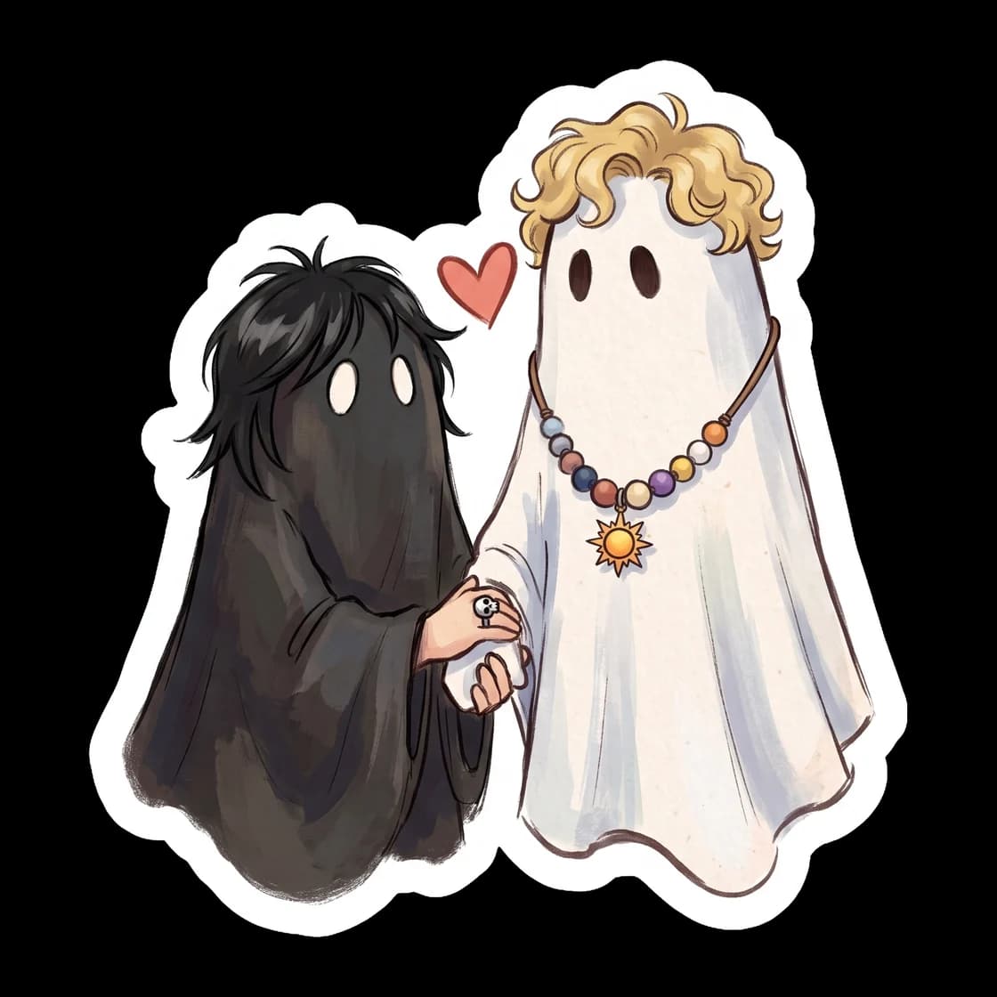 Nico and Will dress up for Halloween in the most classic, low-effort costume possible. They stand side by side draped in white bedsheets with eye holes cut out, though Nico's ghost leans affectionatel
