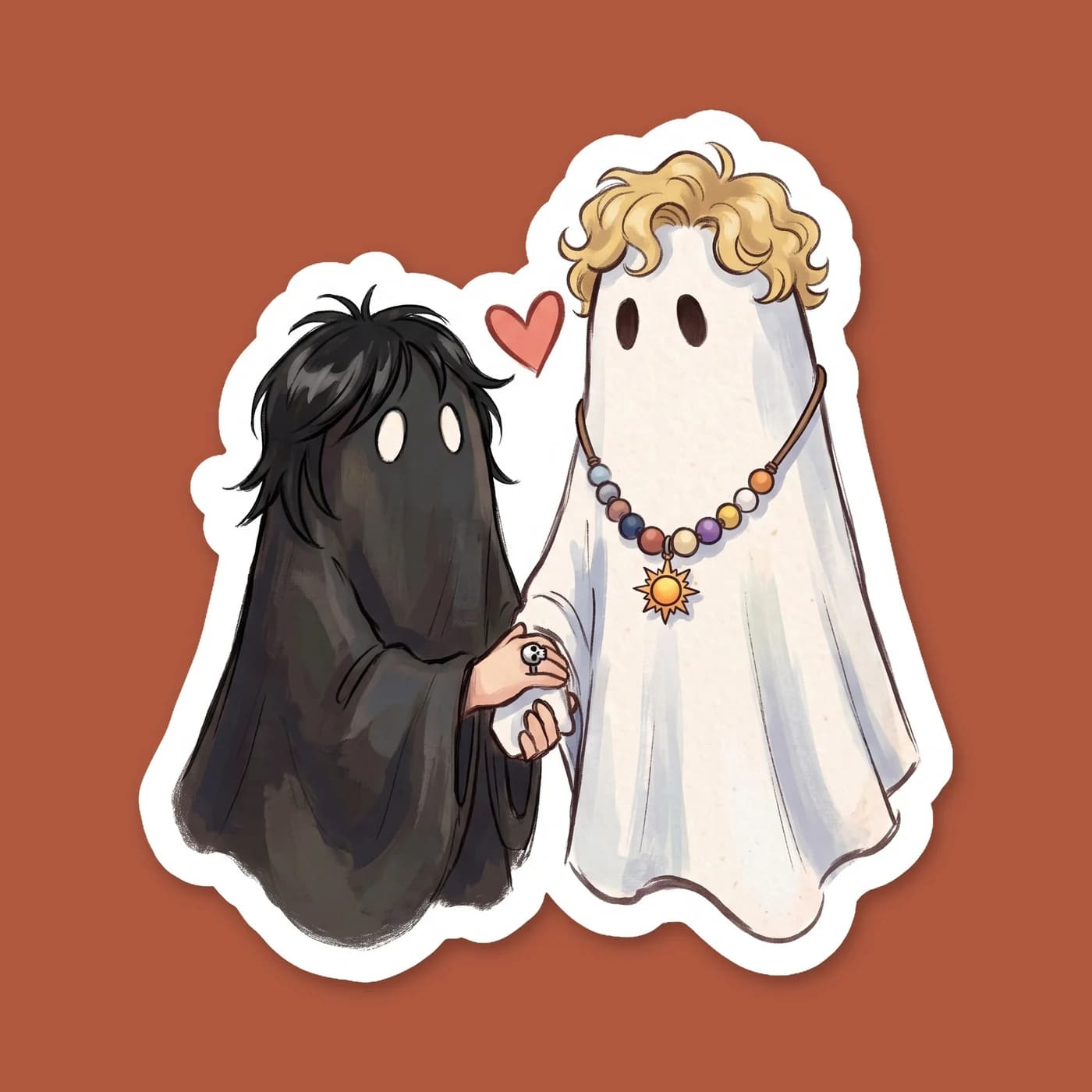 Nico and Will dress up for Halloween in the most classic, low-effort costume possible. They stand side by side draped in white bedsheets with eye holes cut out, though Nico's ghost leans affectionatel, view 2