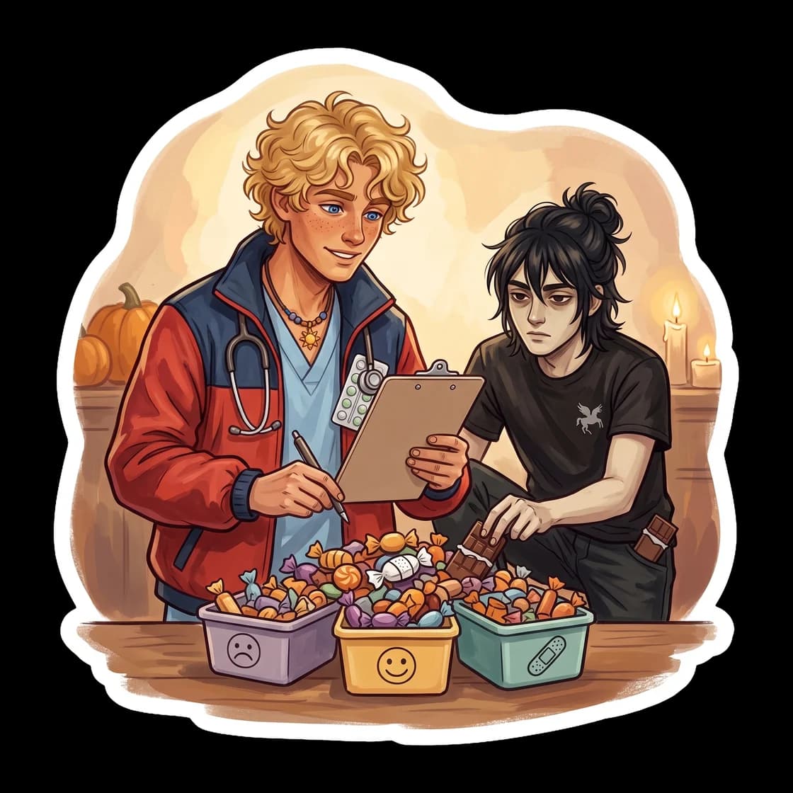 Will applies his rigorous Apollo cabin healer training to a massive pile of Halloween candy, sorting the chocolates from the gummies in a serious triage operation. Nico sits nearby, already eating the