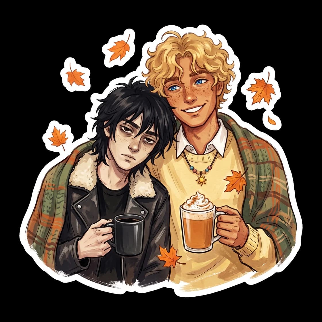 Will radiates bright pumpkin spice autumn energy with a warm scarf and a seasonal latte, while Nico stands beside him radiating pure dark underworld vibes. The contrast perfectly captures their dynami