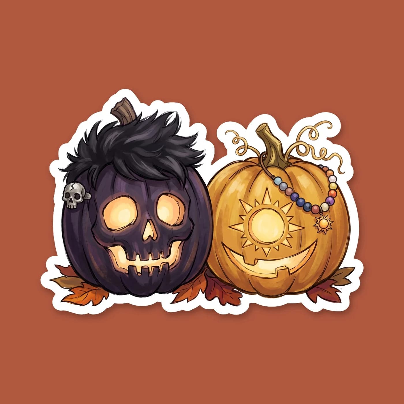 Two carved jack-o-lanterns sit side by side on the porch of the Hades cabin. One features a deeply carved underworld skull design by Nico, while the other shines brightly with a cheerful sun motif car, view 2