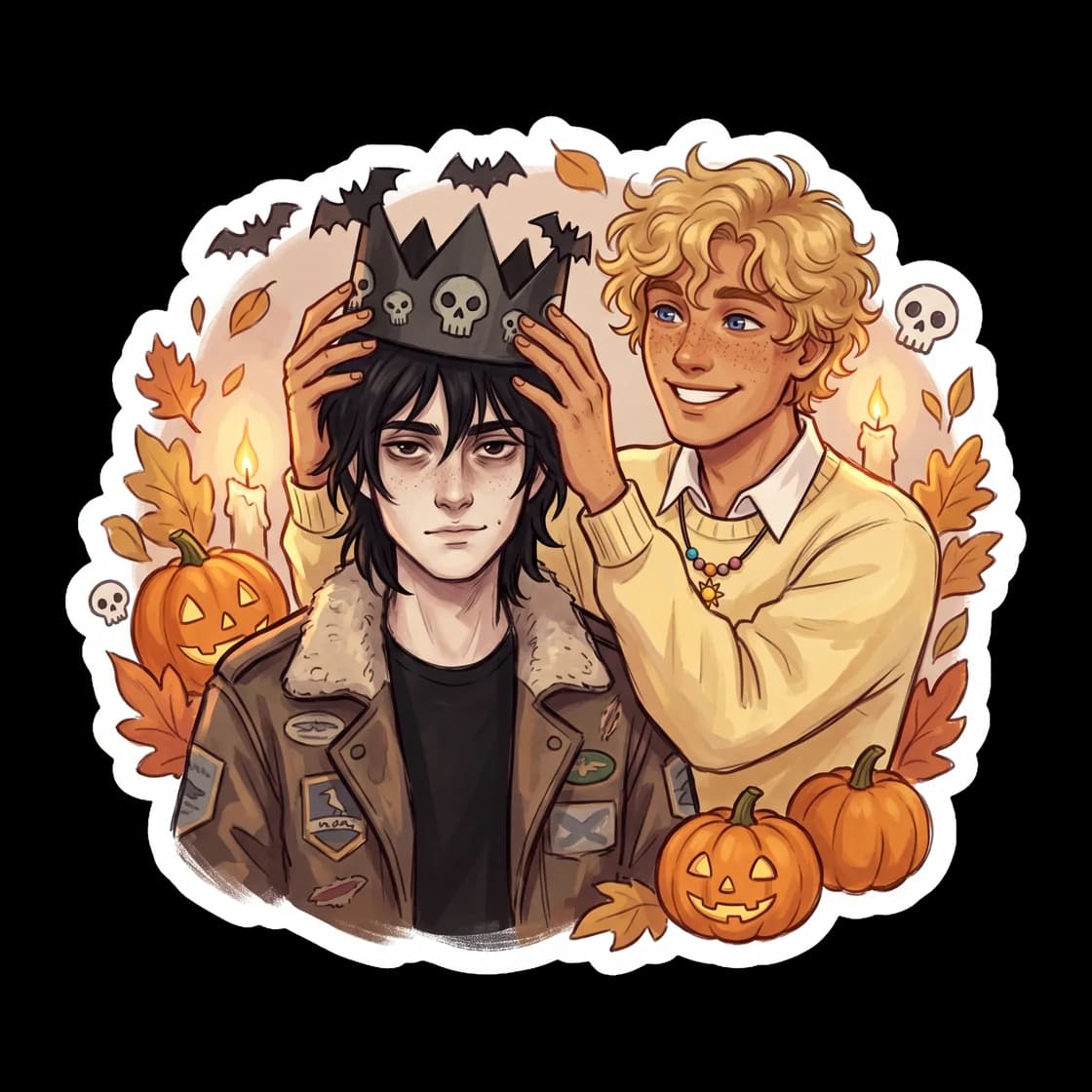 Nico di Angelo finally embraces his title as the Ghost King, wearing a shadowy, ethereal crown woven from underworld magic. He sits comfortably in his power, surrounded by swirling wisps of dark mist.