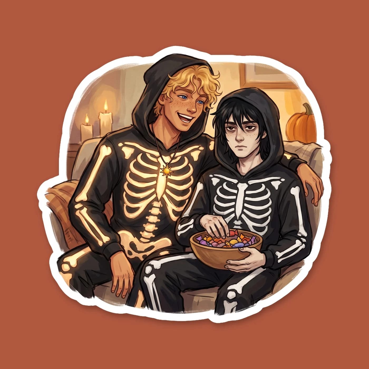 Nico and Will wear matching skeleton onesies for Halloween, but Will's natural solar glow makes his skeleton print shine brightly in the dark. Nico holds his hand, perfectly content with his glowing b, view 2
