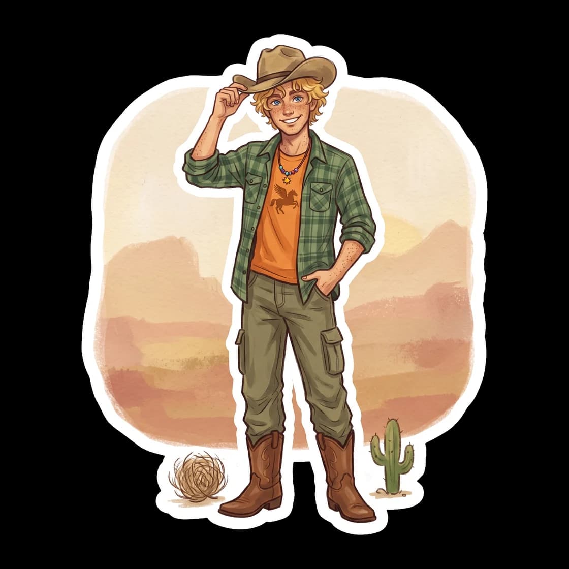 Will Solace leans fully into his Austin, Texas roots, trading his standard camp necklace and orange shirt for a classic cowboy hat and denim. He flashes a warm, easy smile that shows off his southern