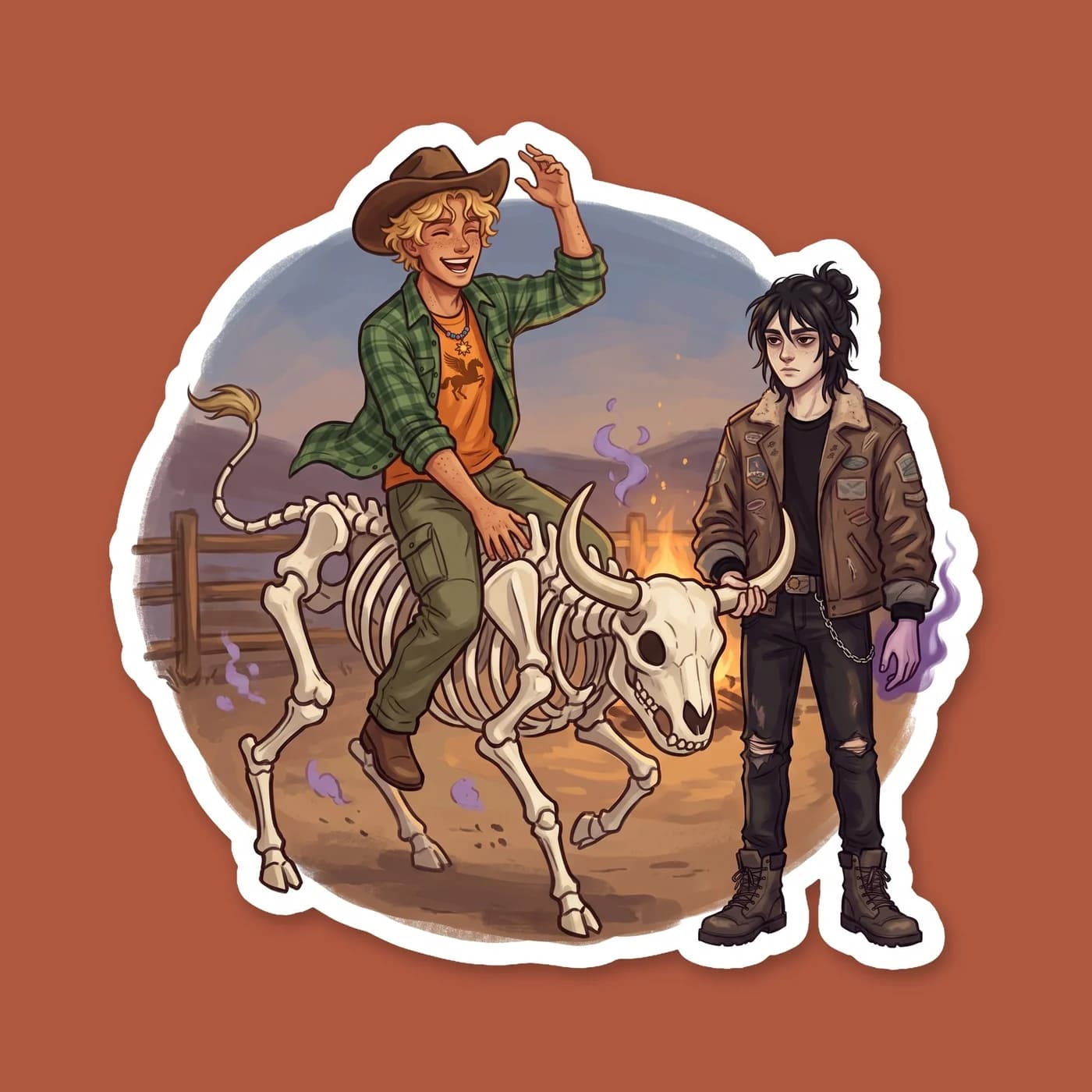 Instead of a standard mechanical bull, Will rides an actual skeletal bull summoned directly from the underworld by Nico. Will cheers with his cowboy hat raised, while Nico watches from the fence, maki, view 2