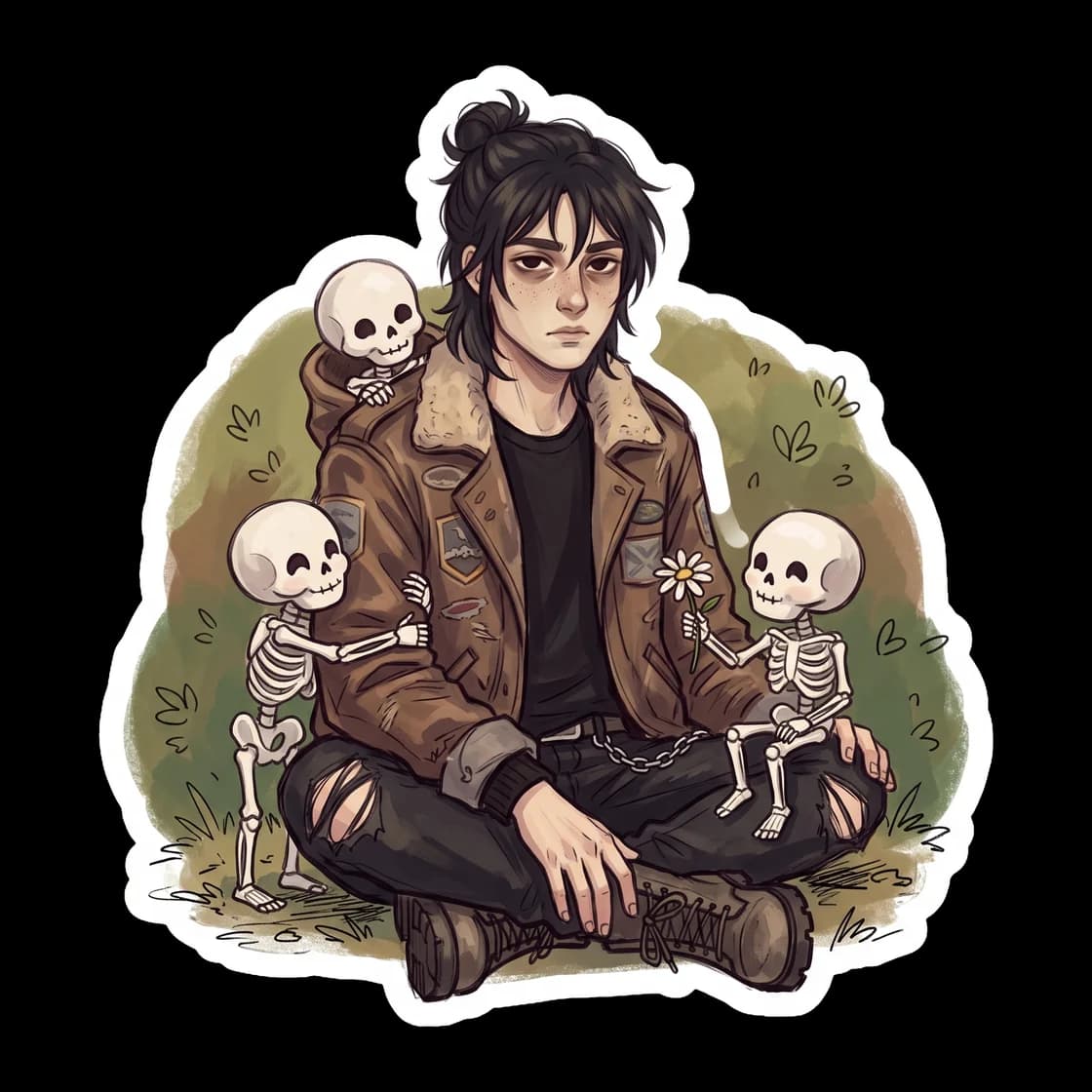Nico di Angelo is depicted sitting in a quiet graveyard, surrounded by a group of tiny skeleton companions. The son of Hades is wearing his signature aviator jacket and a soft, genuine smile as he sha