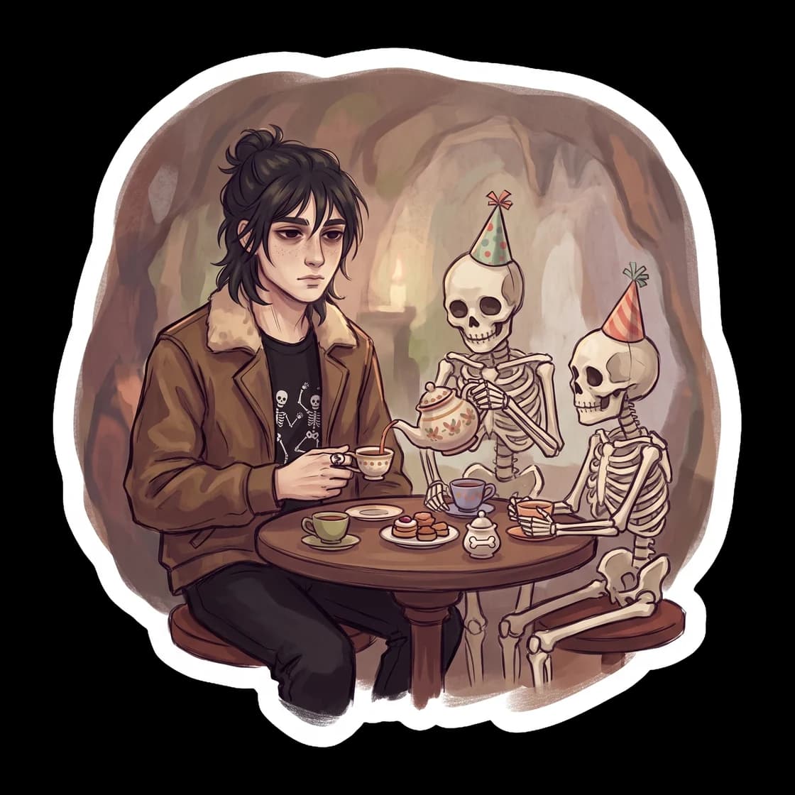 Nico hosts an impromptu tea party with three skeletons wearing tiny flower crowns. It captures a rare moment of peace for the ghost king, resting under the shade of a cypress tree while pouring imagin