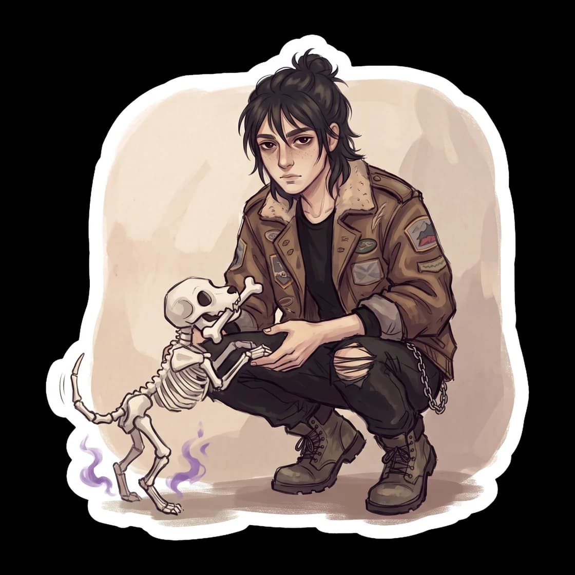 A small skeleton puppy wags its bony tail while Nico scratches it behind the ears. This design highlights the gentle side of the son of Hades as he bonds with his loyal, undead canine companion near t