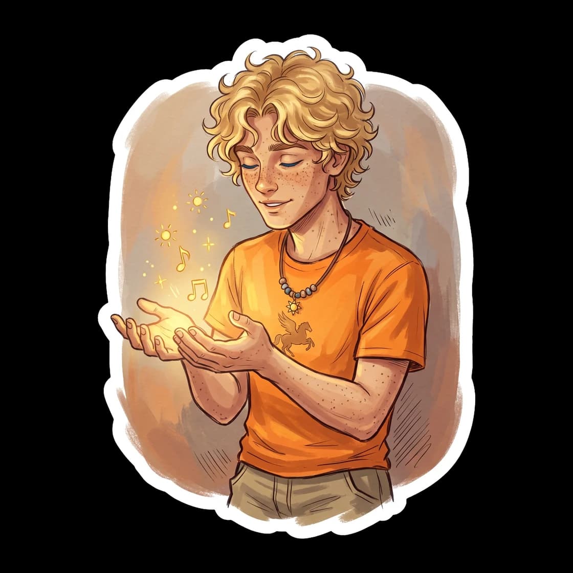 Will Solace focuses his energy, his hands radiating a warm and golden healing light. The head counselor of the Apollo cabin is shown in his orange camp shirt, ready to mend wounds and bring a bit of s