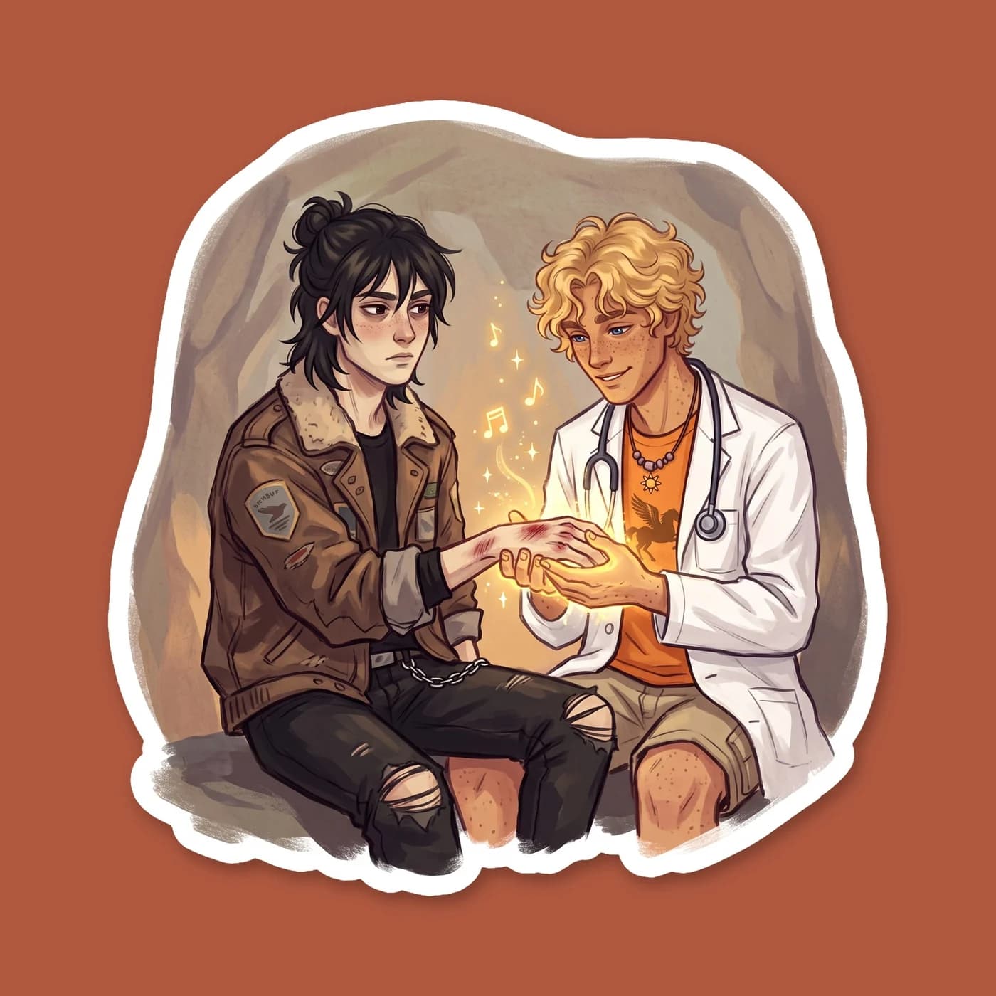 Will gently bandages a scrape on Nico's arm in the camp infirmary. Nico looks away with a slight blush while the son of Apollo chides him about doctor's orders, capturing the quiet affection that grew, view 2