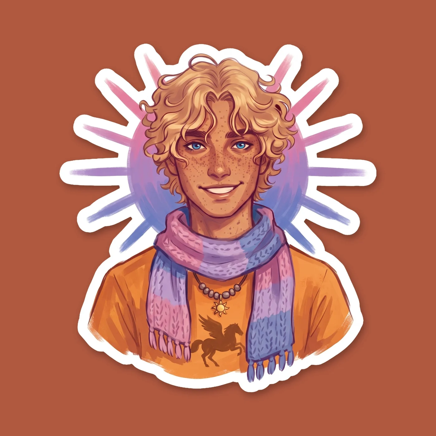 Will stands brightly with a bisexual pride flag draped over his shoulders like a cape. His golden hair catches the sunlight, celebrating his identity and his cheerful spirit as camp's favorite radiant, view 2
