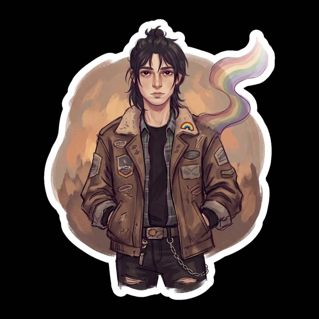 Nico wears his black jacket adorned with a subtle rainbow pride pin, standing confidently in front of a painted rainbow flag. It reflects his journey toward self-acceptance and the quiet bravery he sh