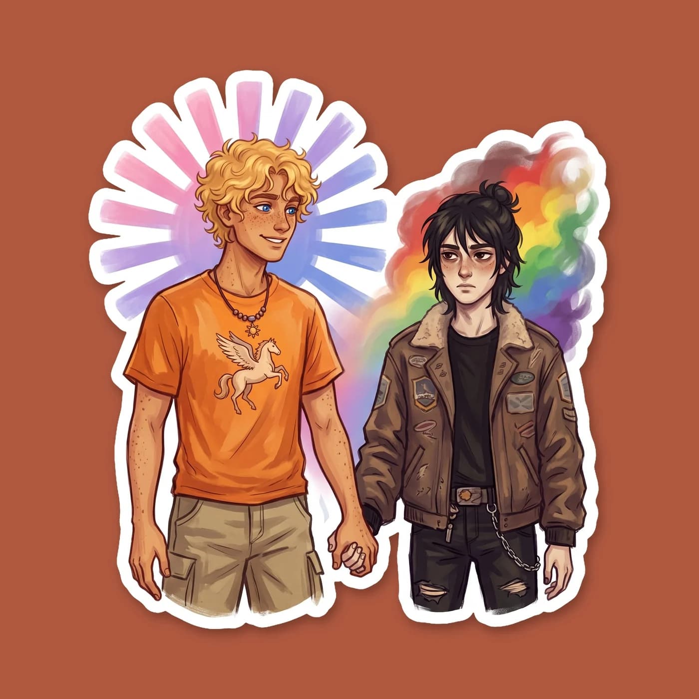 Will and Nico hold hands, walking together with their respective pride colors woven into their camp necklaces. The contrast between the child of light and the child of shadows highlights their perfect, view 2