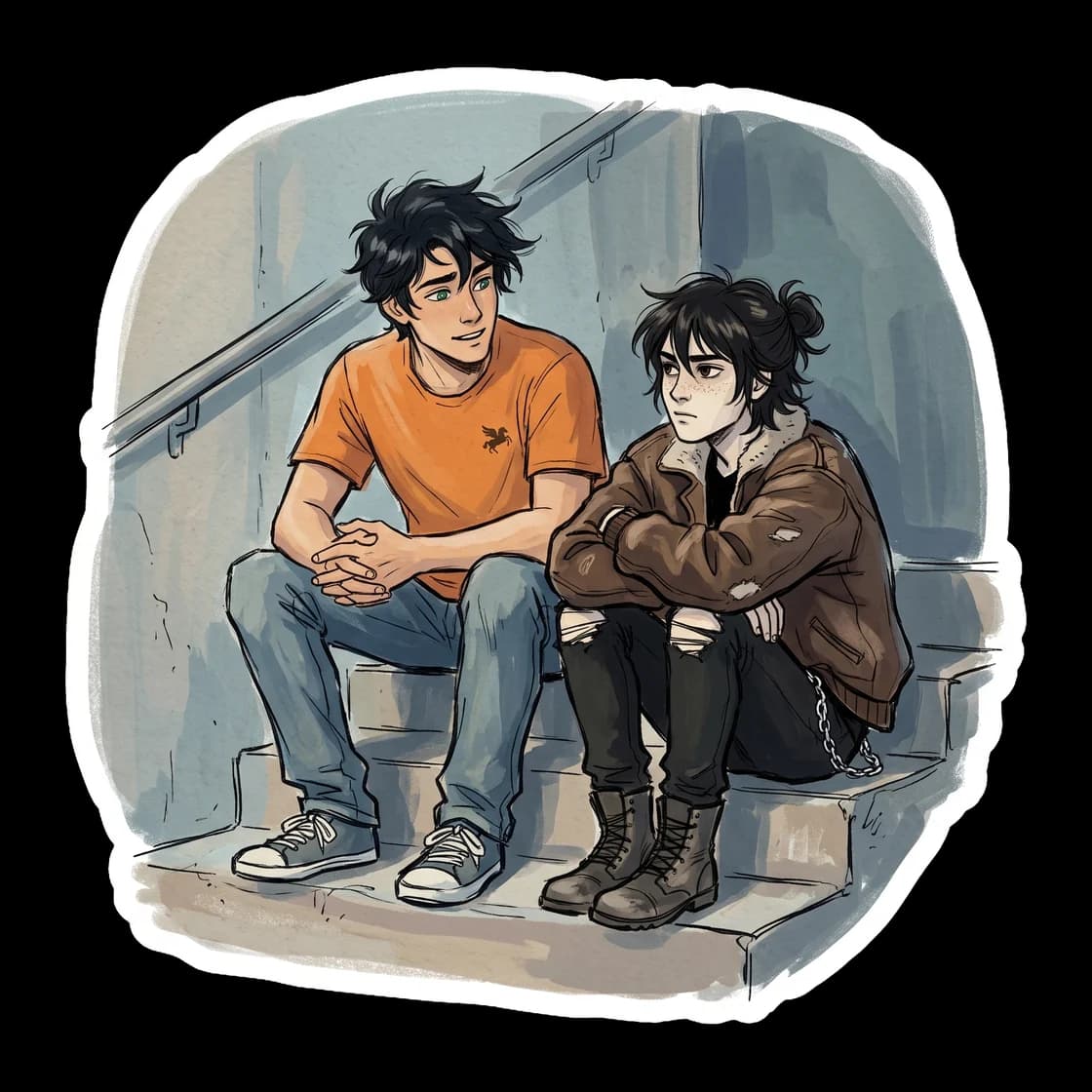 Nico stands on the stone stairs, offering a small, relieved smile as he finally tells Percy that he is not his type. This piece honors the iconic closure of his long-held crush and his readiness to fi
