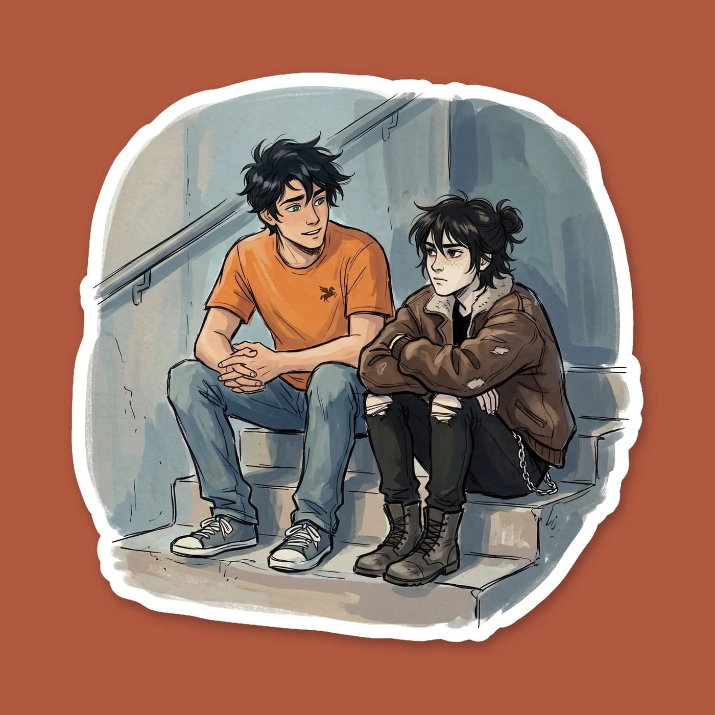 Nico stands on the stone stairs, offering a small, relieved smile as he finally tells Percy that he is not his type. This piece honors the iconic closure of his long-held crush and his readiness to fi, view 2
