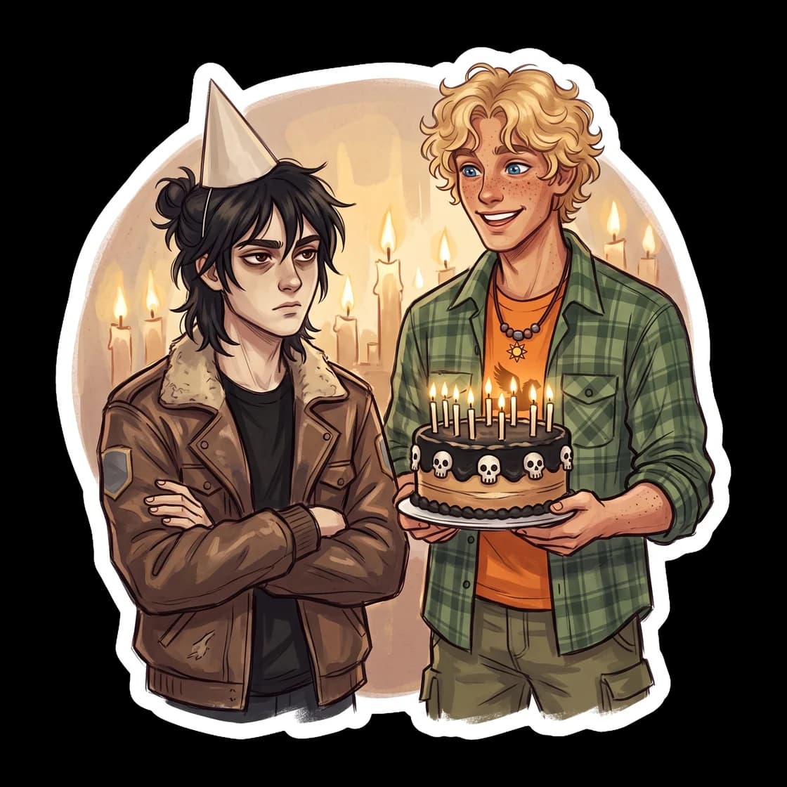 Will Solace surprises a sleepy Nico with a small, glowing birthday cake in the Hades cabin. Nico looks pleasantly caught off guard by the gesture, highlighting the warmth Will brings into the darker c