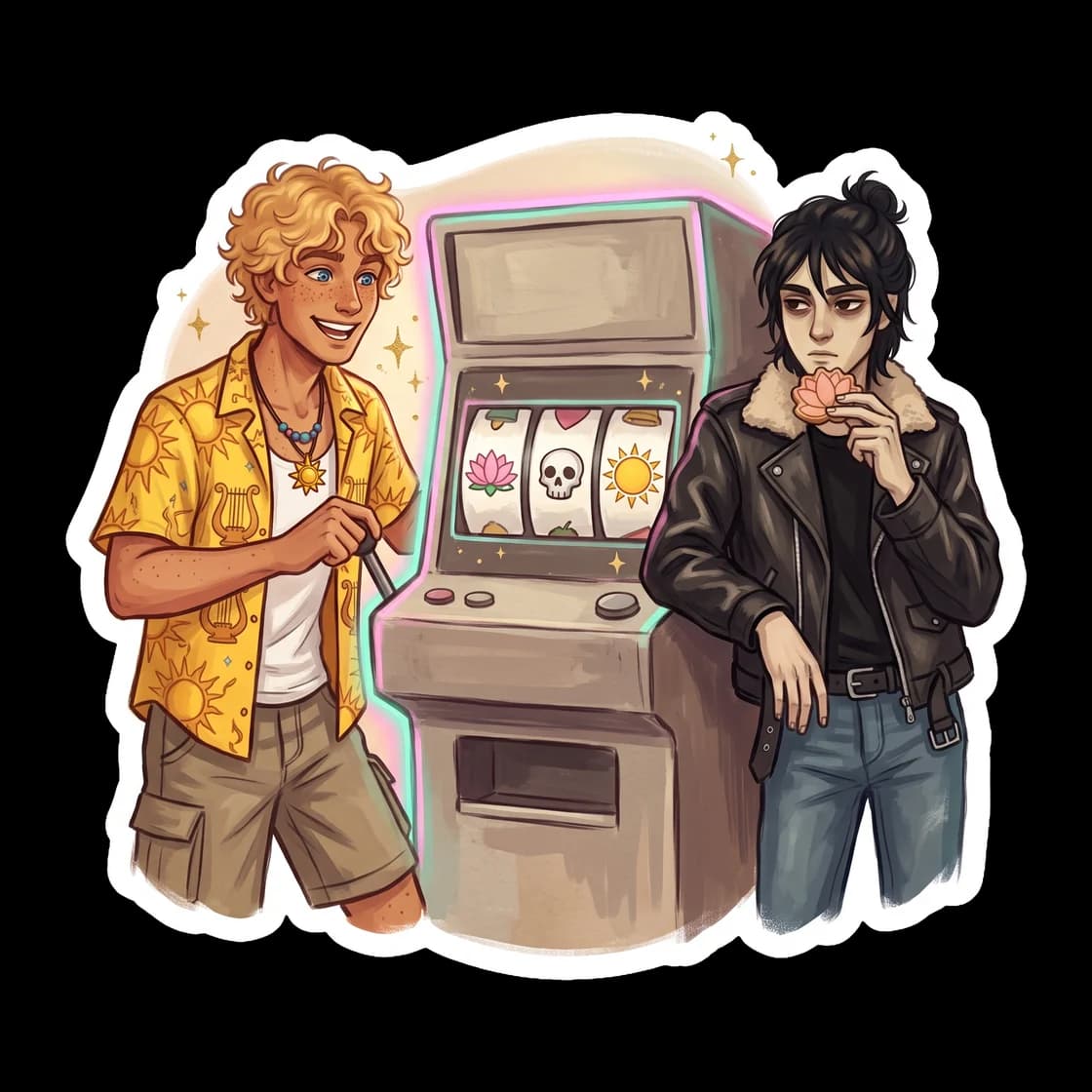 A nostalgic nod to a trapped past, featuring Nico standing before a glowing Lotus Casino slot machine. The neon lights reflect softly against his dark aviator jacket as he stares blankly at the endles