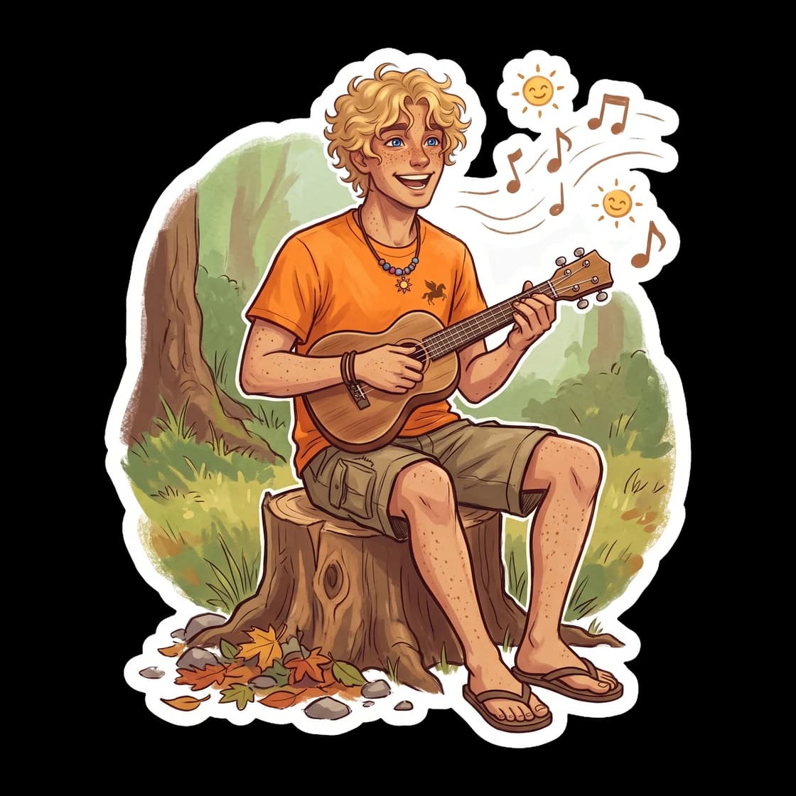 Will sits cross-legged in the grass strumming a small wooden ukulele with a bright smile. Soft golden hour light catches his messy blonde hair as he plays a cheerful melody for anyone in the Apollo ca