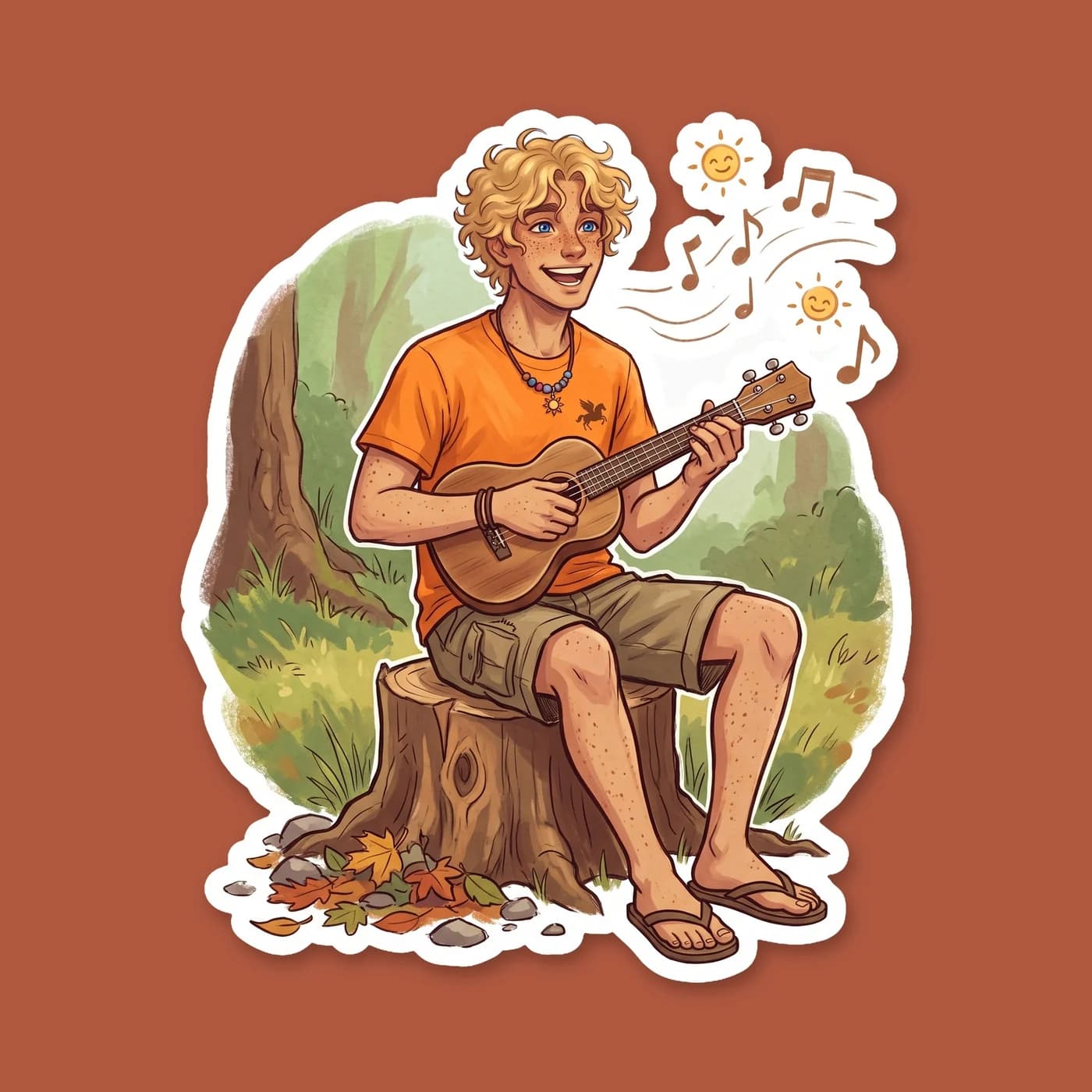 Will sits cross-legged in the grass strumming a small wooden ukulele with a bright smile. Soft golden hour light catches his messy blonde hair as he plays a cheerful melody for anyone in the Apollo ca, view 2