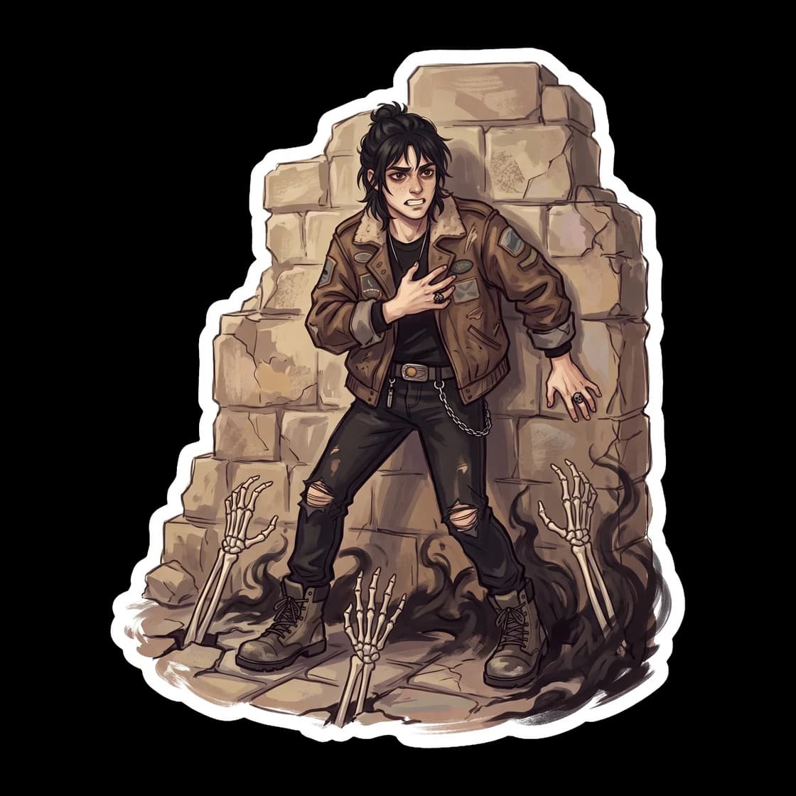 Nico stands in the crumbling ruins, shadows swirling at his feet as he faces the invisible god of love. The design captures the heavy emotion of his forced confession, with dark tendrils contrasting a