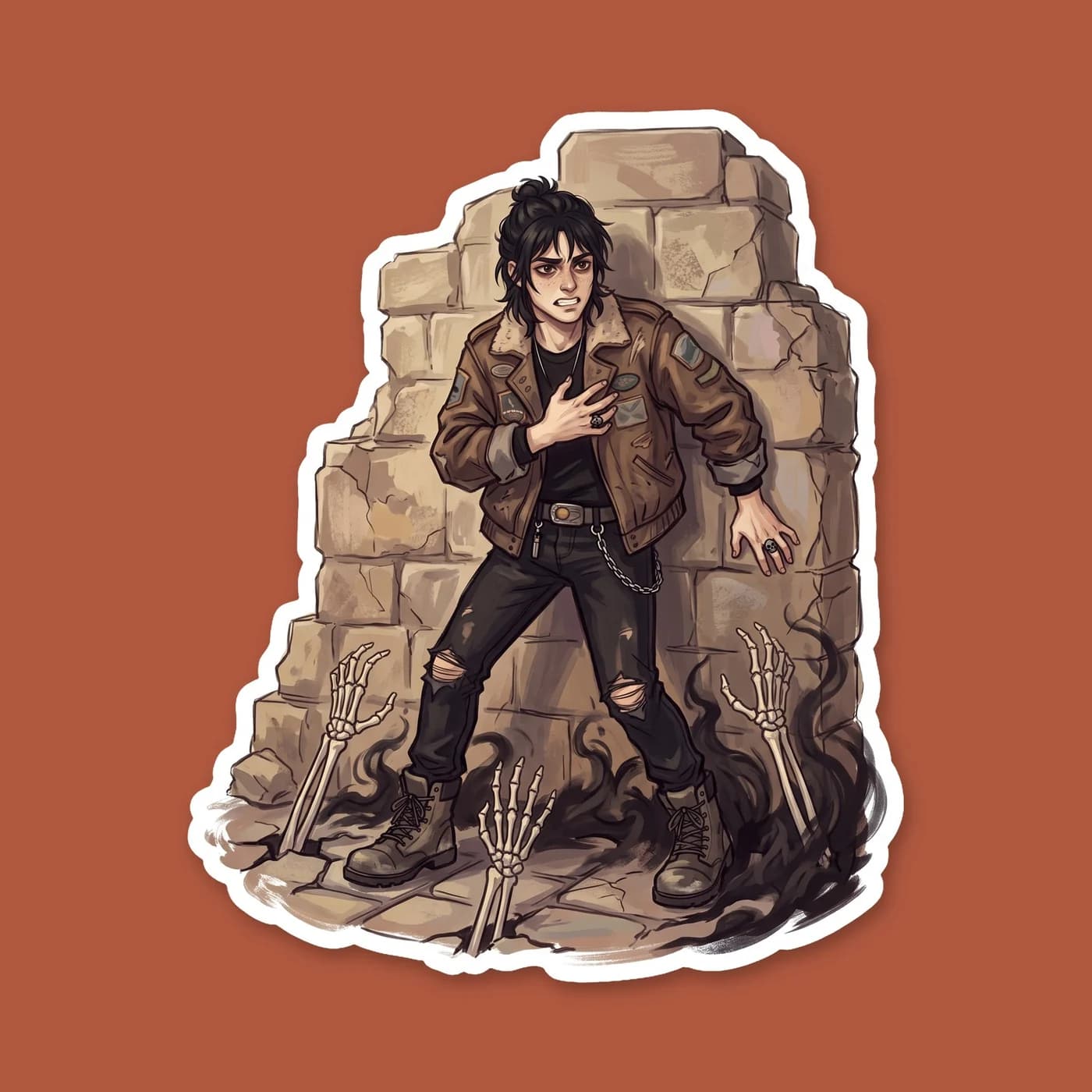 Nico stands in the crumbling ruins, shadows swirling at his feet as he faces the invisible god of love. The design captures the heavy emotion of his forced confession, with dark tendrils contrasting a, view 2