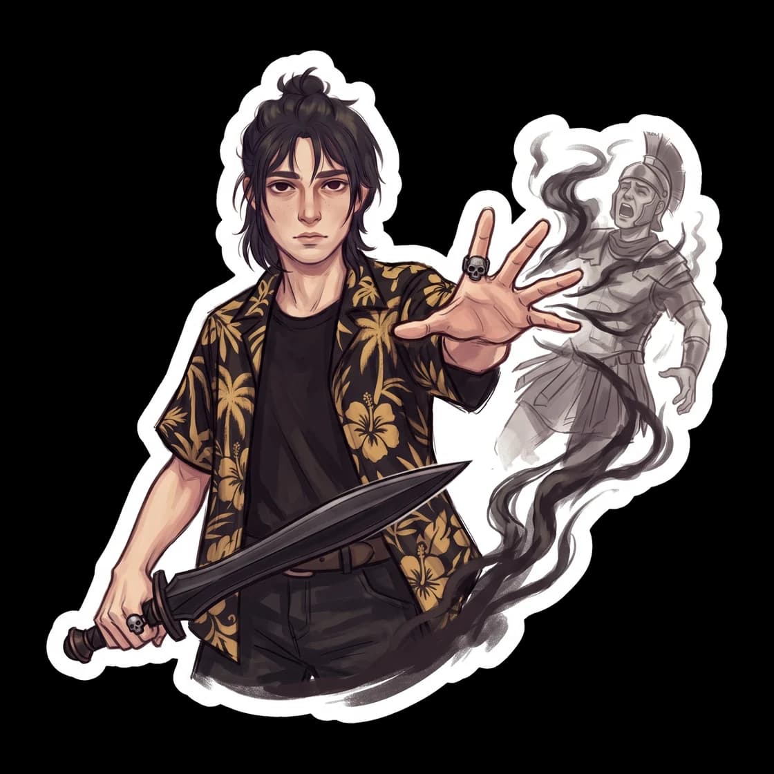 The son of Hades channels his terrifying power to strip away a legacy of Rome, turning him into a mere ghost. Dark energy radiates from his extended hand in this intense moment from the final battle j