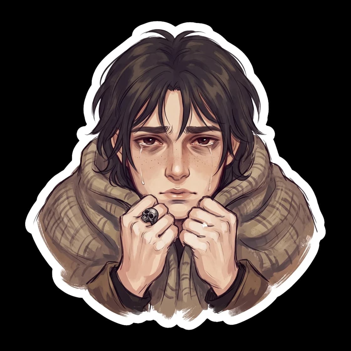 Surrounded by the bizarre troglodyte caves, Nico shares a deeply vulnerable moment of emotional breakdown. The artwork portrays his raw feelings and the quiet comfort offered by those who truly unders