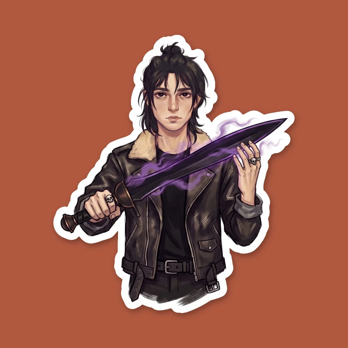 Nico holds his dark stygian iron sword, its cursed metal literally draining the ambient light from the air. The design highlights the glowing purple aura and eerie shadows that follow this iconic unde, view 2
