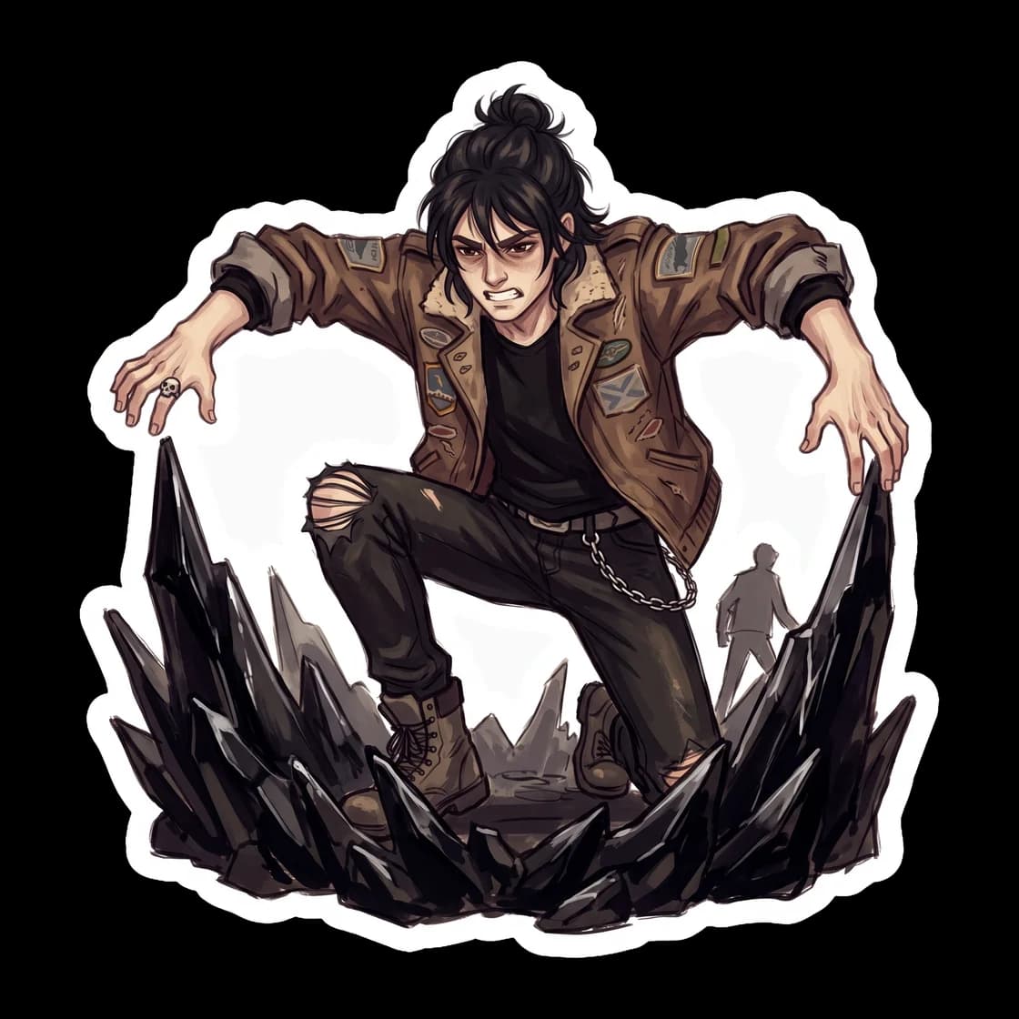 Nico commands the very bones of the earth, raising a massive chthonic wall of jagged rock and dark soil to protect his allies. The artwork displays his fierce concentration and deep connection to the