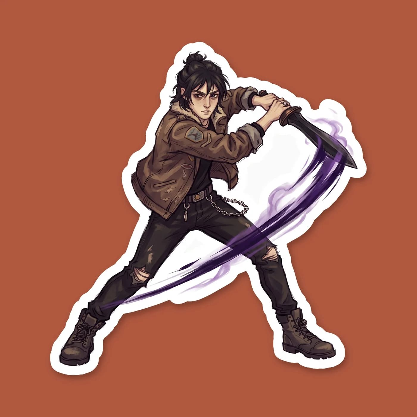 Nico executes a calculated sweep with his stygian iron blade, leaving a trail of dark, inky shadow in the air. The dynamic action pose illustrates his rigorous training and lethal efficiency in close , view 2