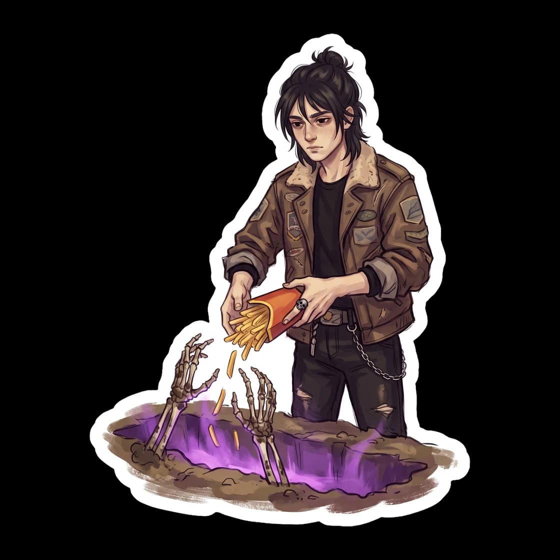 Nico di Angelo uses a fast food kid's meal and soda to summon the dead in this illustrated scene. He wears his aviator jacket and a grumpy expression as skeletal hands rise from the shadows.