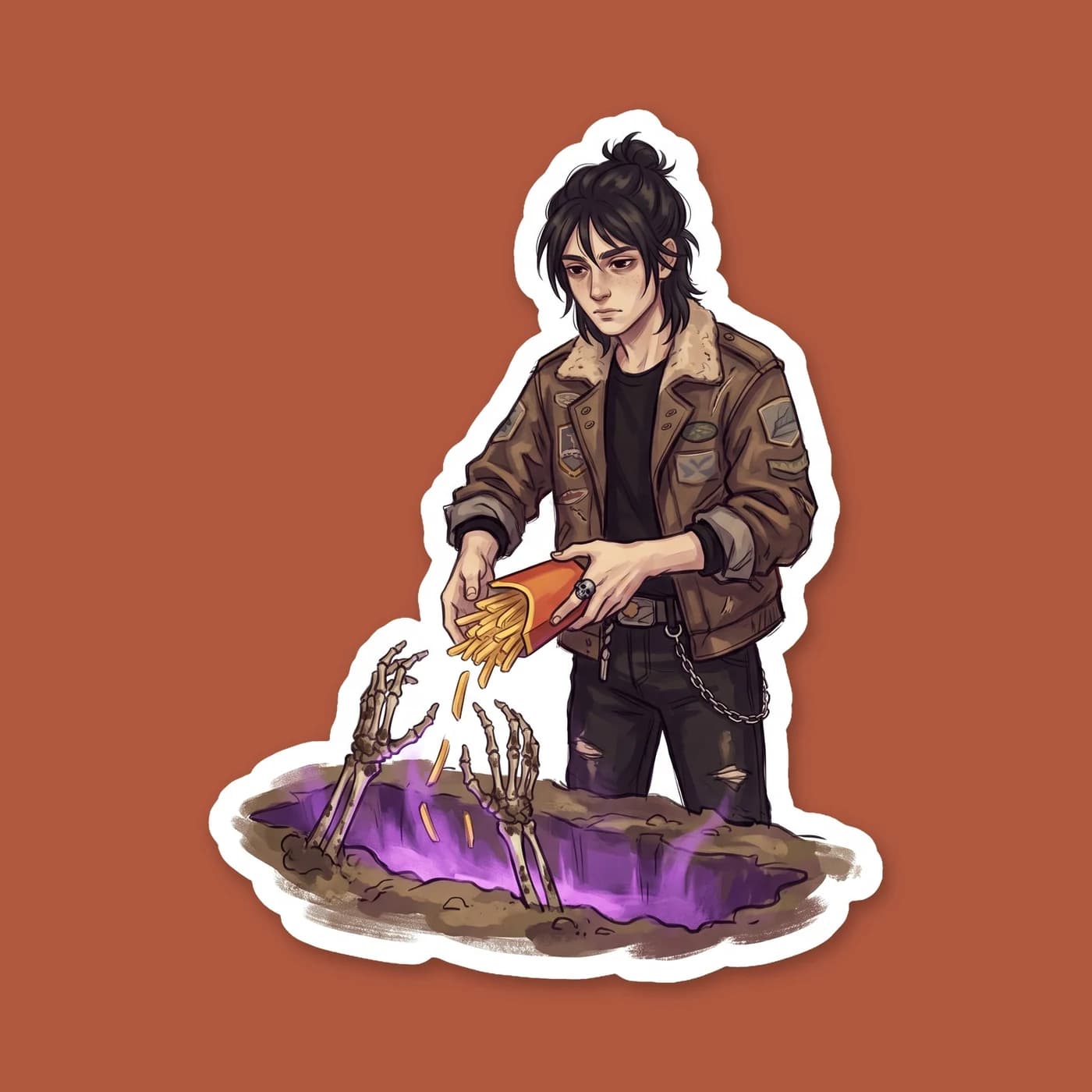 Nico di Angelo uses a fast food kid's meal and soda to summon the dead in this illustrated scene. He wears his aviator jacket and a grumpy expression as skeletal hands rise from the shadows., view 2