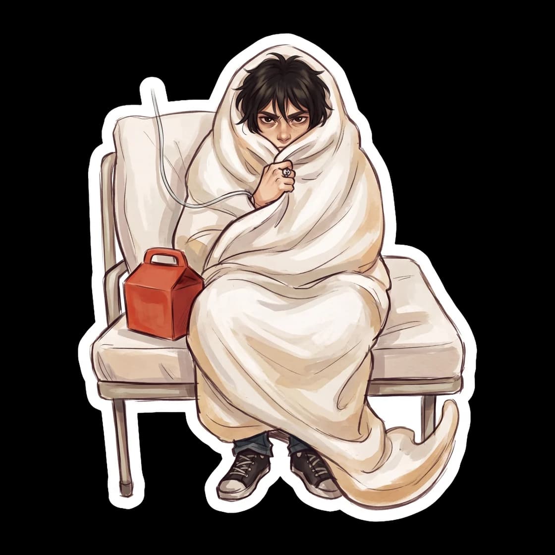 Will Solace enforces strict doctor's orders by swaddling Nico di Angelo into a grumpy blanket burrito. Nico glares from inside the layers while resting on an infirmary cot.